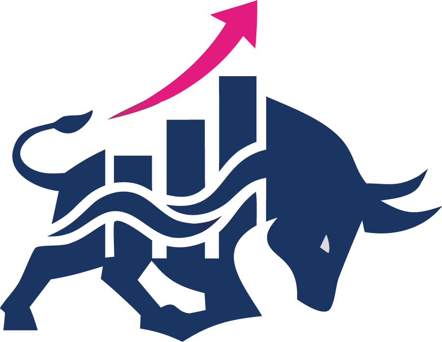Blue bull and upward pink arrow over bar chart, symbolizing growth or rising performance