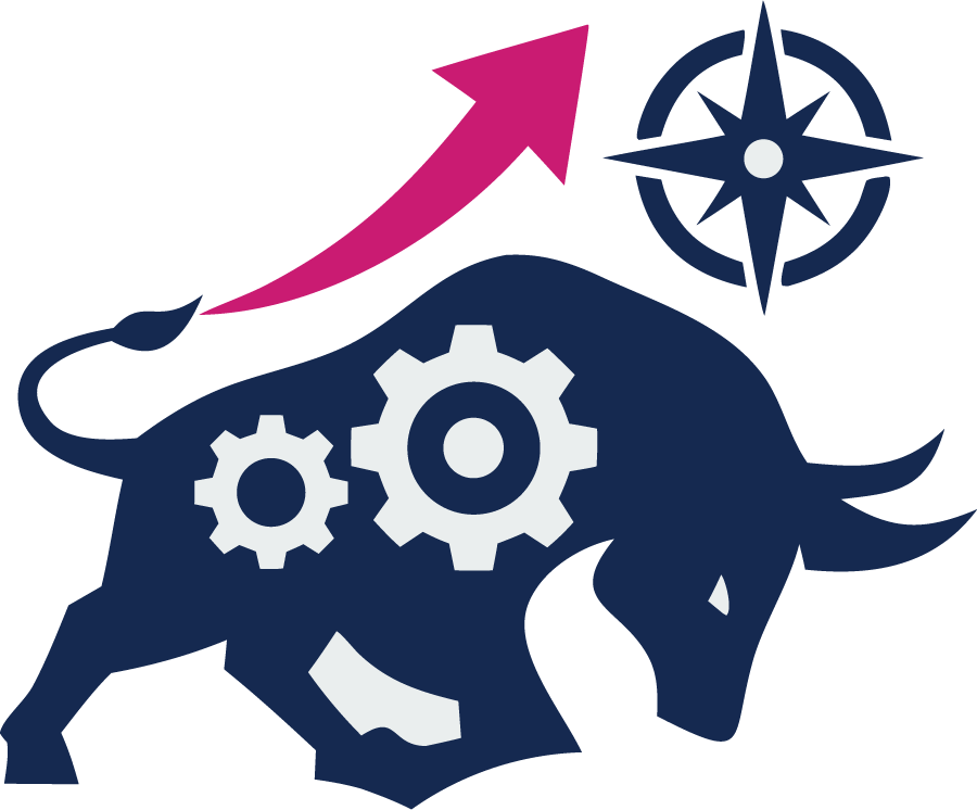 Dark blue bull with gears and rising magenta arrow, symbolizing growth and strategy