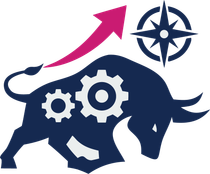 Dark blue bull with gears and rising magenta arrow, symbolizing growth and strategy