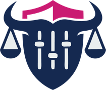 Blue justice shield with scales and pink roof-like top