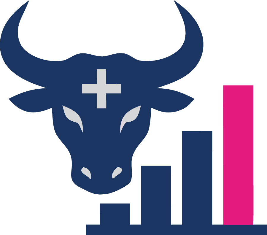 Blue bull head with a white cross and rising bar chart, plus a pink bar on the right