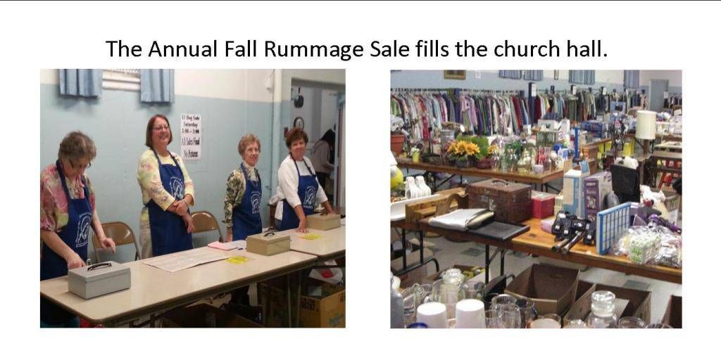 Annual fall rummage sale in church hall with volunteers and tables of assorted items