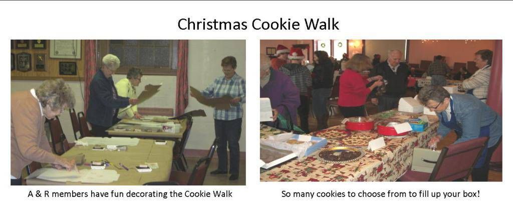 Christmas Cookie Walk with people serving and selecting cookies at decorated tables