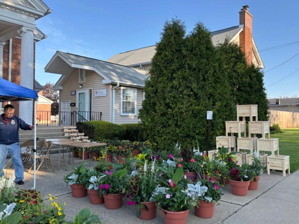 Potted flowers arranged on a driveway beside a house, with a person standing near the porch.