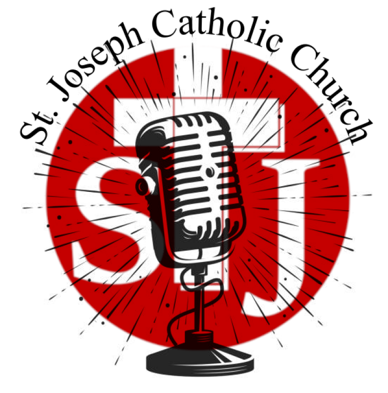 St. Joseph Catholic Church logo with red “SJC” and a vintage microphone
