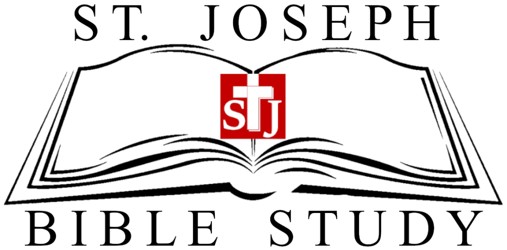 St. Joseph Bible Study logo with an open book and red SJ cross emblem