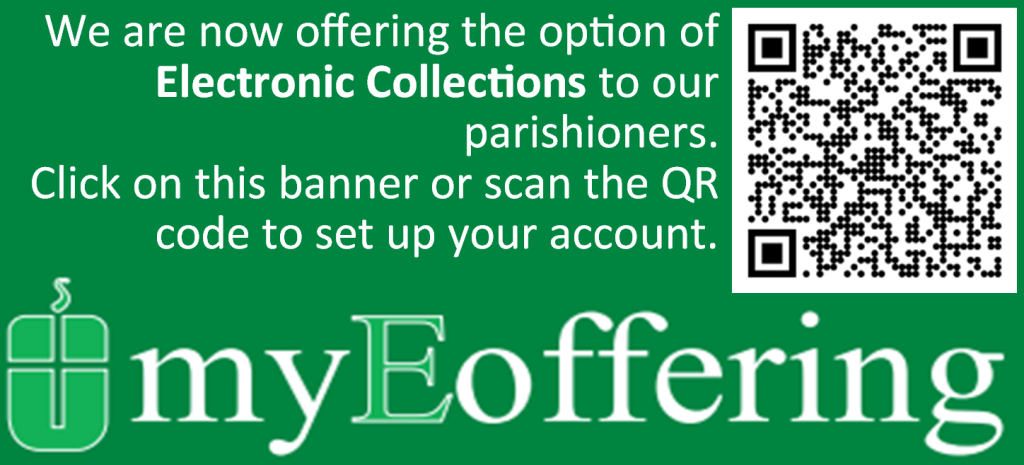 Green myEOffering banner with QR code and text inviting users to set up electronic giving