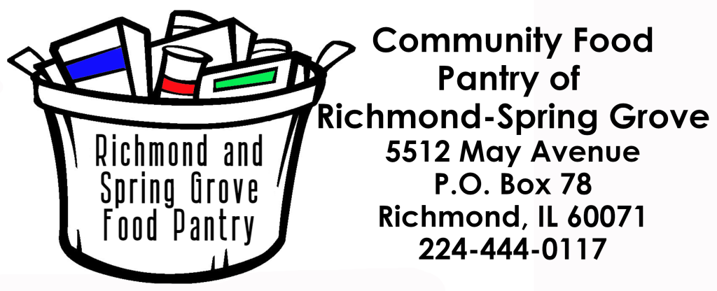Richmond and Spring Grove Food Pantry logo with address and phone number in black text
