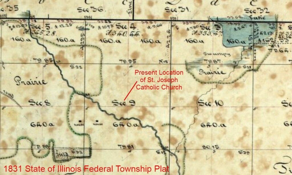 Old Illinois township map with red route markings and labels on a sepia background