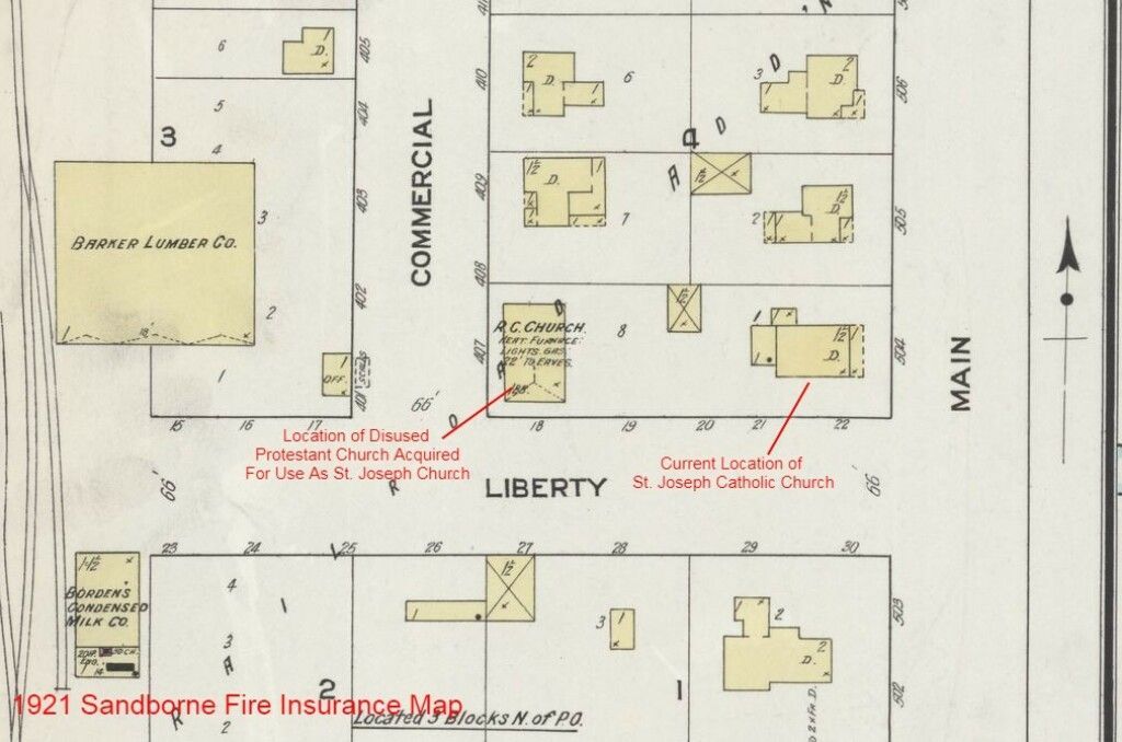 Map of an area with building footprints, street names, and lot outlines.