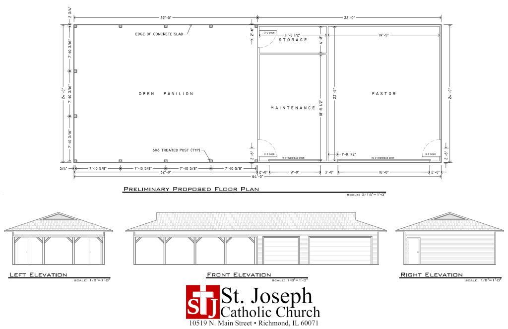 St. Joseph Catholic Church architectural elevation drawing with building sections and measurements