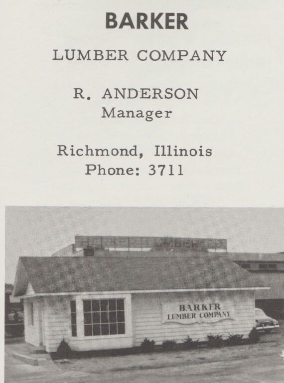 Barker Lumber Company sign and building, Richmond, Illinois, with manager R. Anderson listed.