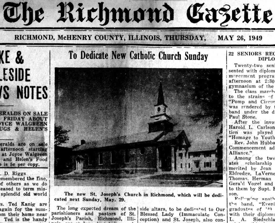 Historic newspaper front page about a new Catholic church in Richmond, with church photo and columns of text