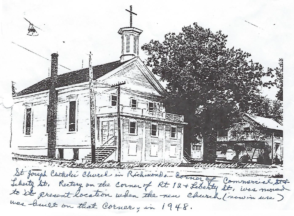 Black-and-white sketch of a church with a cross on the steeple, trees beside it, and handwritten notes below.