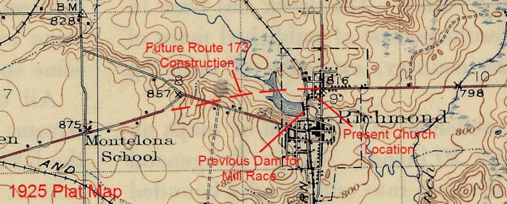 Annotated vintage map with red route lines and labels across a tan landscape.