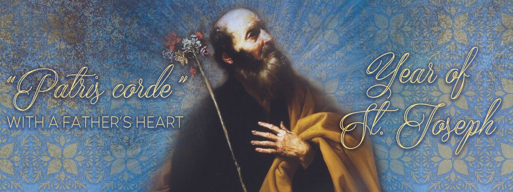 Portrait of a bearded man in a dark robe, hands on chest, with ornate gold text on a blue background