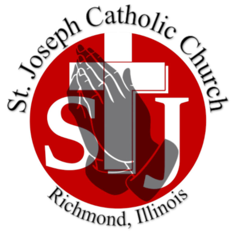 St. Joseph Catholic Church logo with red SJ letters and a gray cross, Richmond, Illinois.