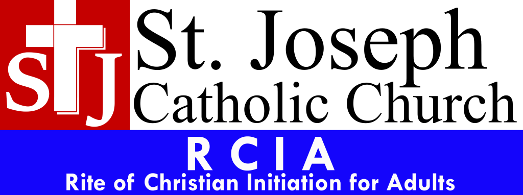St. Joseph Catholic Church RCIA banner in red, white, and blue with cross logo and adult initiation text