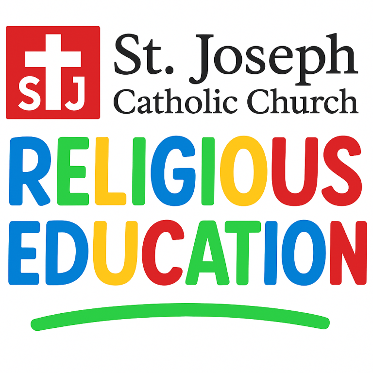 St. Joseph Catholic Church Religious Education logo in red, blue, yellow, and green text with a cross icon