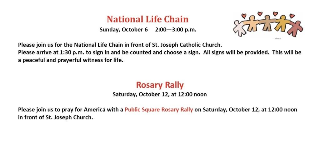 National Life Chain 2021 event flyer with orange figures and Rosary Rally text on a white background