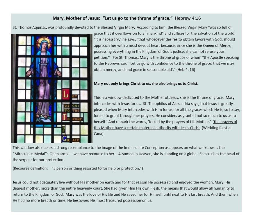 Stained glass window beside text titled “Mary, Mother of Jesus: ‘Let it be to me…’”