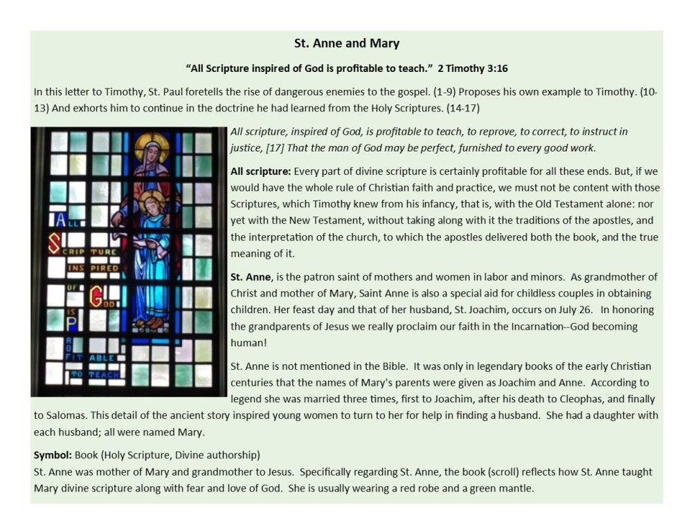 A stained-glass window beside a text-heavy page about Anne and Mary