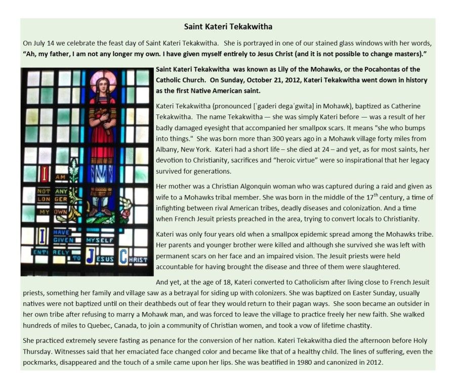 Saint Katherine Tekakwitha poster with stained-glass window and biographical text