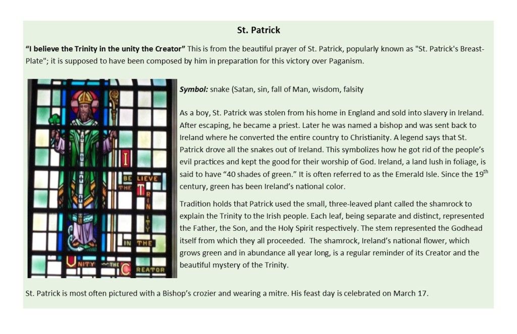 Stained-glass window beside a page of dense explanatory text on a pale green background