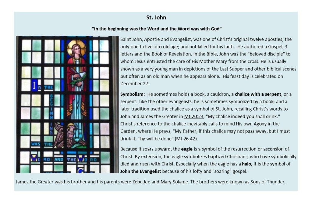 St. John illustrated in a stained-glass window beside a block of text.