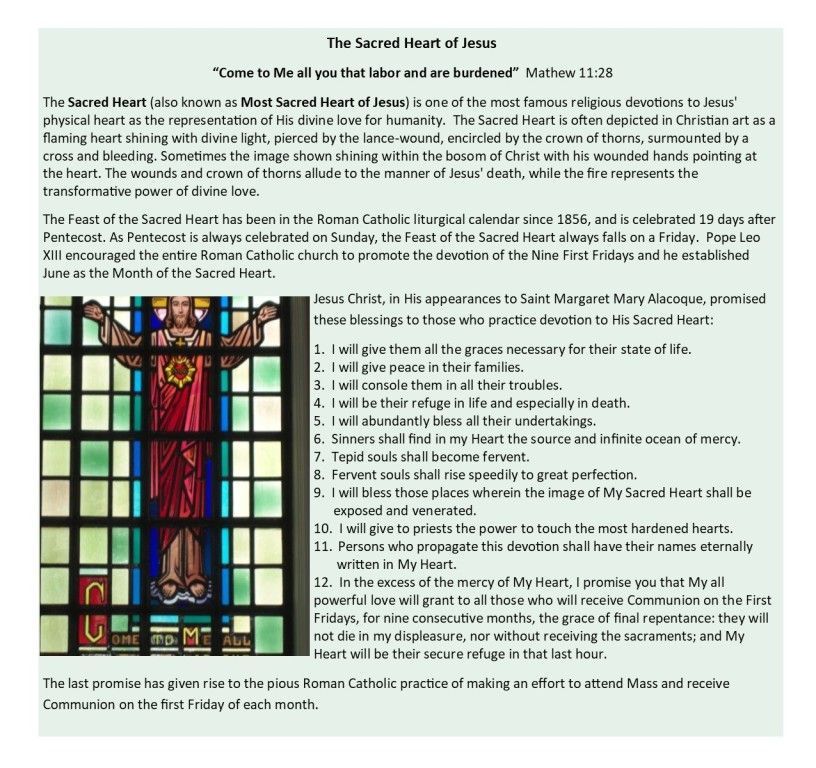 Church bulletin with a stained-glass window and text about the Sacred Heart of Jesus.