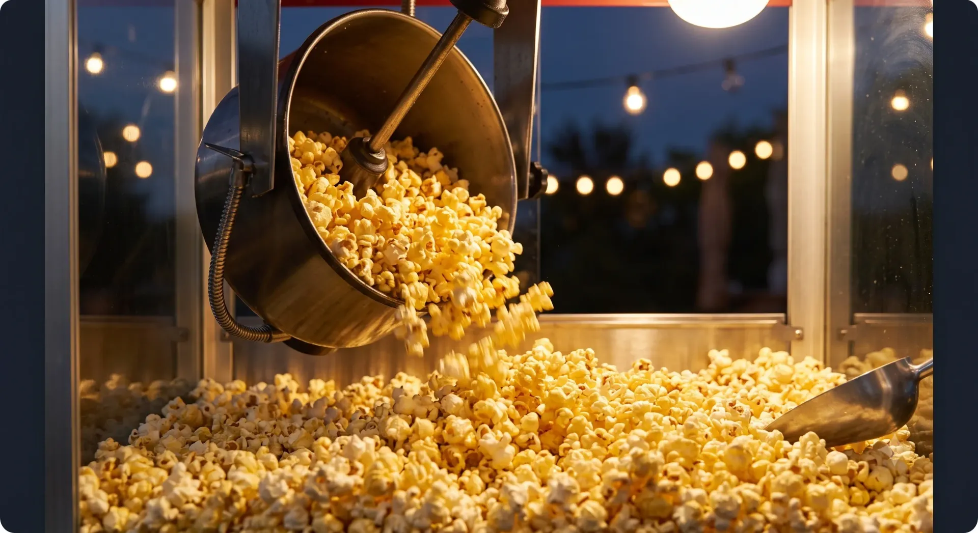 Popcorn spilling from a large metal kettle into a pile at a fair stand