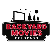 A logo for backyard movies colorado with a movie screen and a camera.