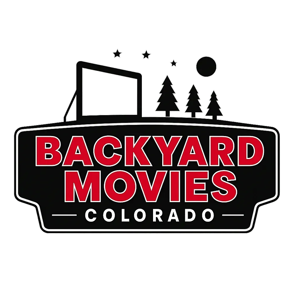 A logo for backyard movies colorado with a movie screen and a camera.