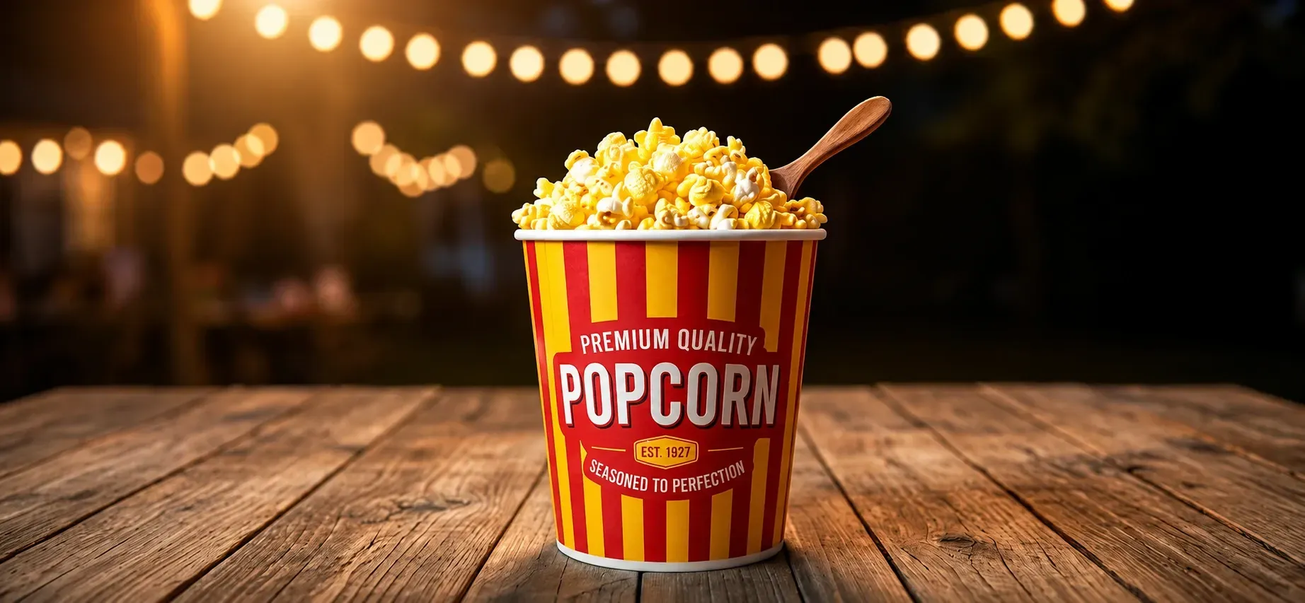 Red popcorn bucket on a wooden table with string lights glowing in the background.