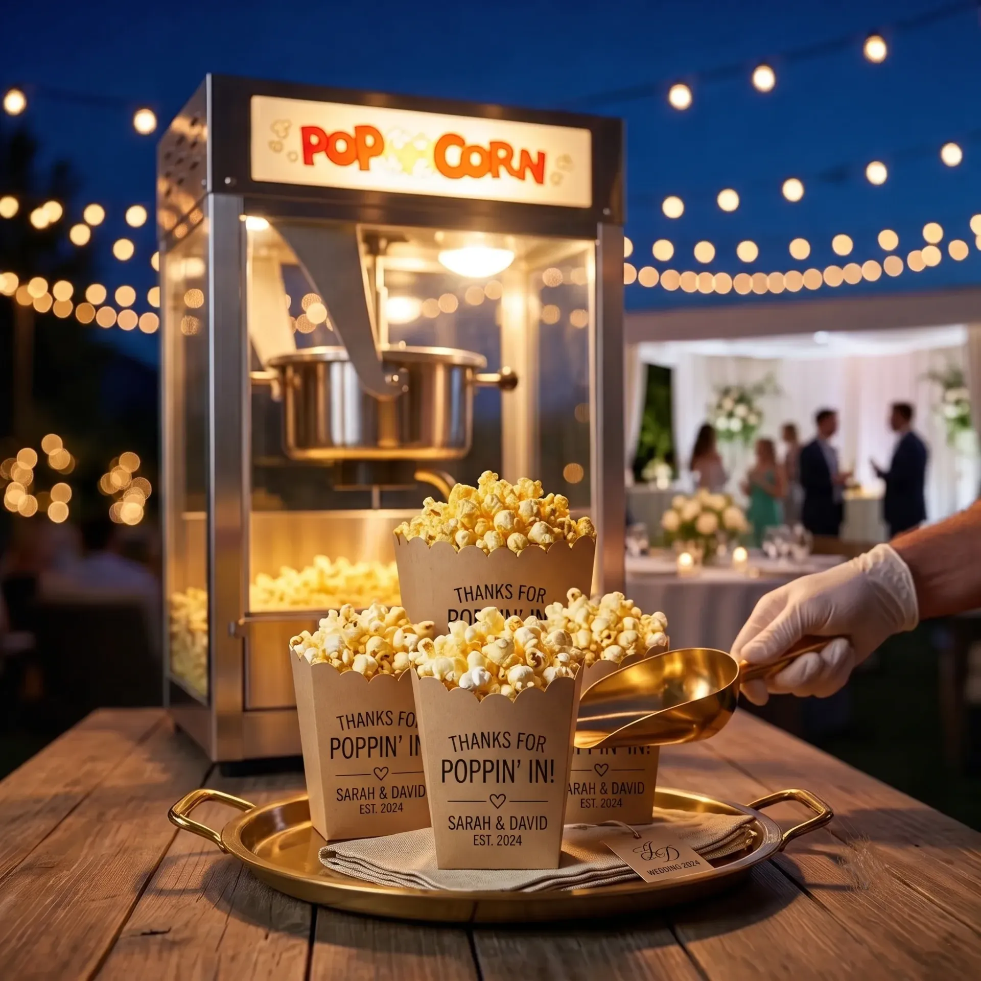 Popcorn machine popping fresh movie theater popcorn into custom wedding favor cones labeled Thanks for Poppin In for an outdoor wedding reception in Colorado Springs.