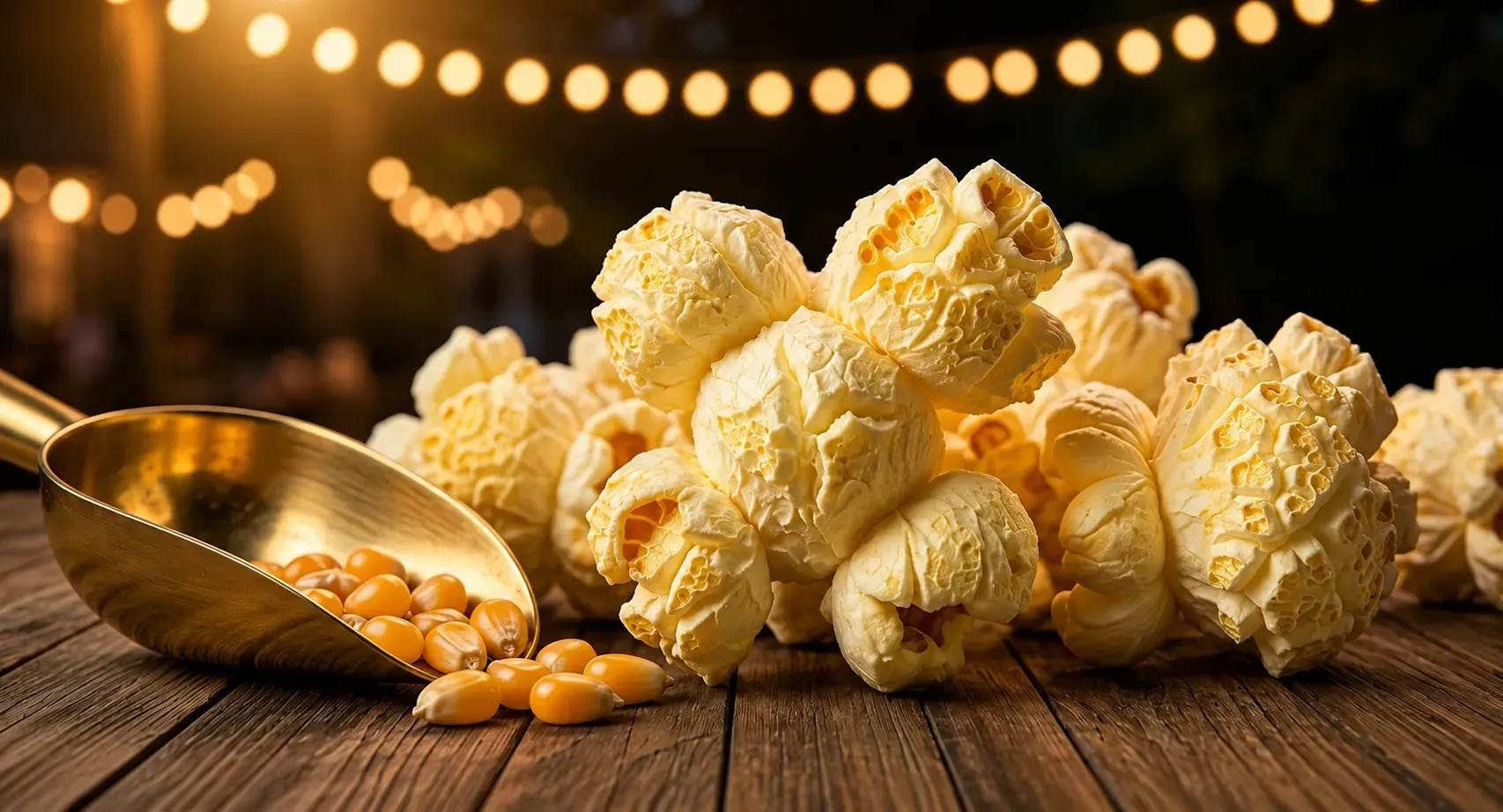 Popcorn in a bowl and scattered kernels on a wooden table, with warm lights in the background
