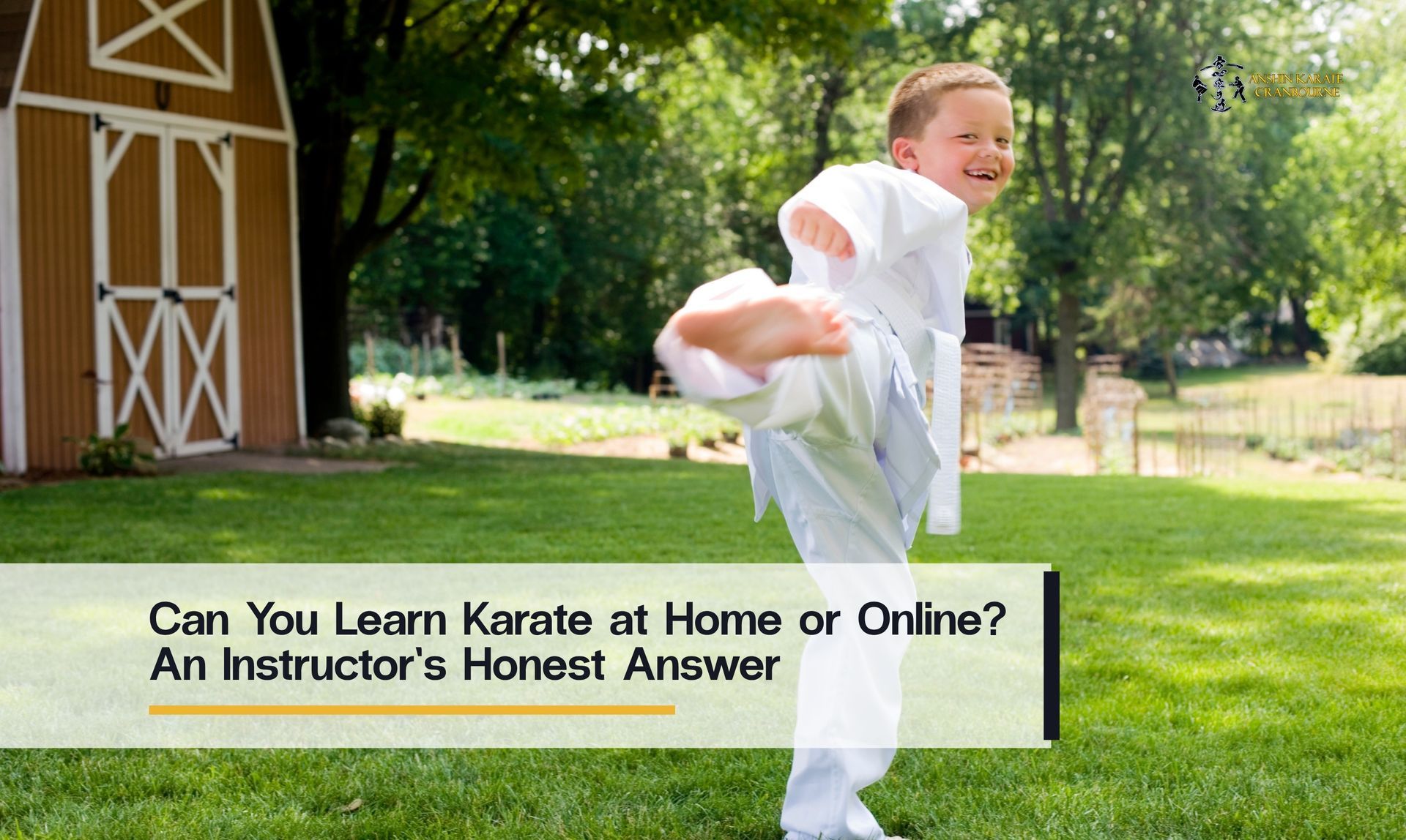 Child practising a karate kick outdoors while learning karate at home