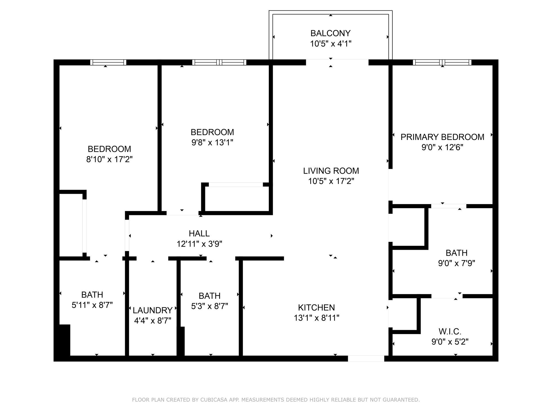 Floor plan of an apartment with two bedrooms, a living room, kitchen, and balcony.