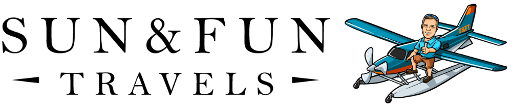Sun & Fun Travels logo with a small airplane and pilot illustration on a white background