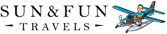 Sun & Fun Travels logo with a small airplane and pilot illustration on a white background