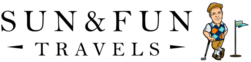 Sun & Fun Travels logo with black text and a cartoon traveler holding luggage and a flag.