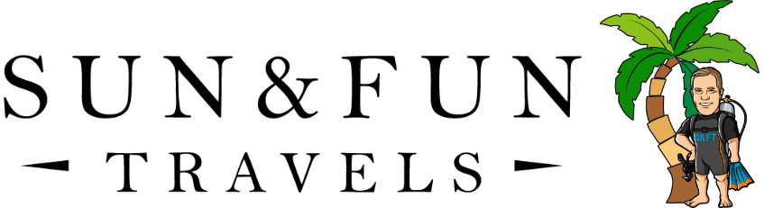 Sun & Fun Travels logo with palm tree and cartoon traveler holding a suitcase