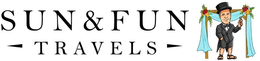 SUN & FUN TRAVELS logo with a cartoon traveler in a hat, luggage, and an airplane icon