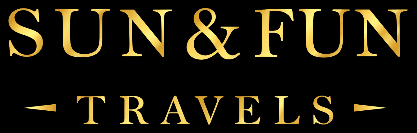 Gold “SUN & FUN TRAVELS” logo on a black background with a small airplane icon.