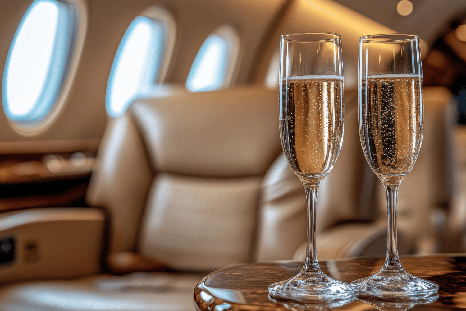 Two champagne flutes on a table in a luxury airplane cabin with beige leather seats