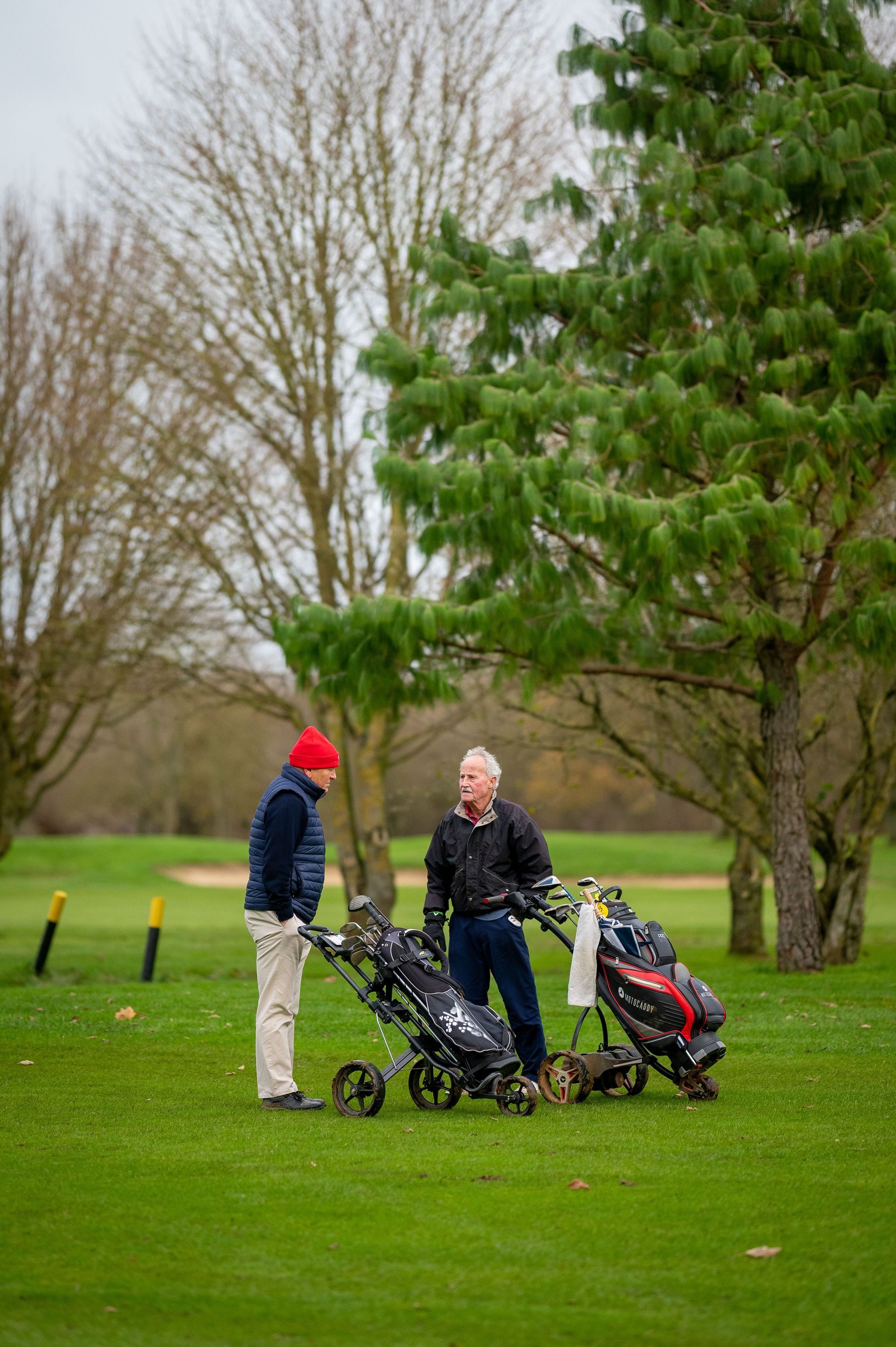 Two golfers with bags on a green course, one in a red hat, under cloudy trees