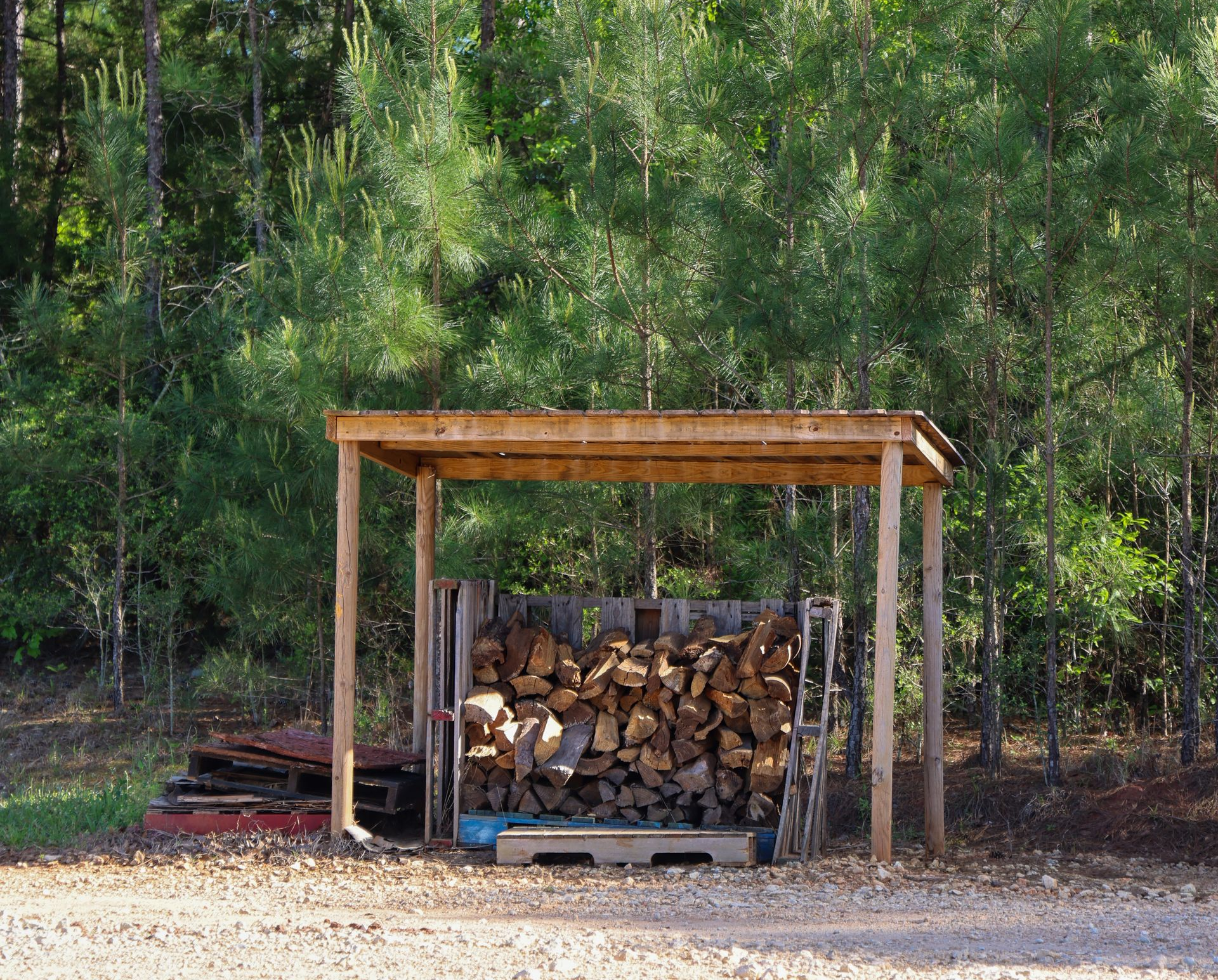 Wooden firewood shed with stacked logs in a wooded outdoor area