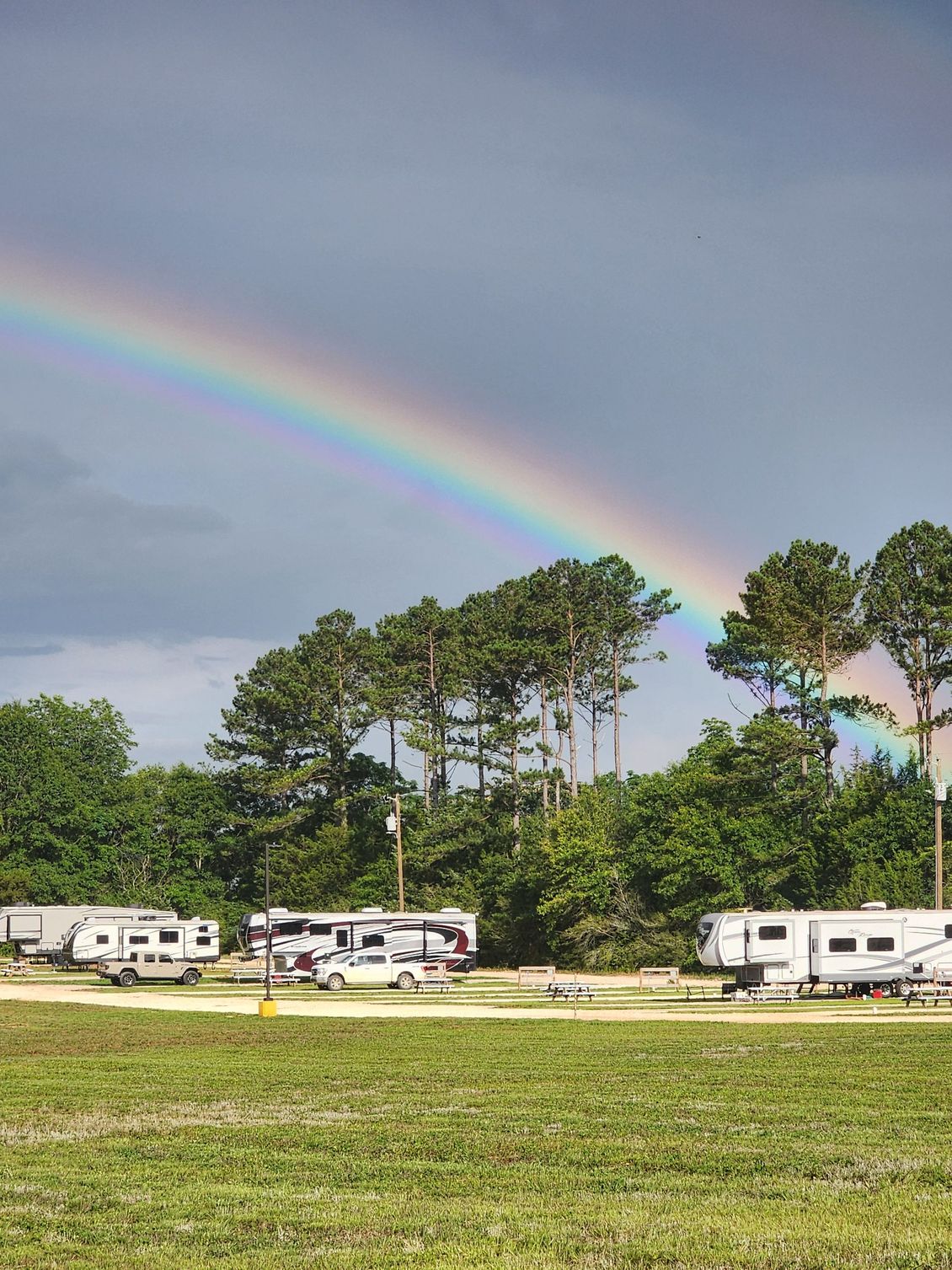 Rainbow over pine trees and RVs in a grassy field under a cloudy sky