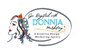 Logo for Digital Art Donnia, a creative design and marketing agency, with stylized face and colorful abstract accents