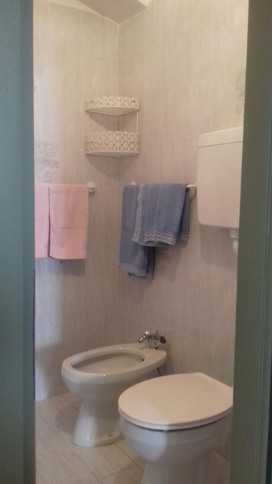 Un bagno con wc, bidet e asciugamani a parete.